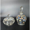 Czech Glass Dresser Set, Hand Painted Daisies Multicolor Perfume Bottle & Covered Dish 1930s