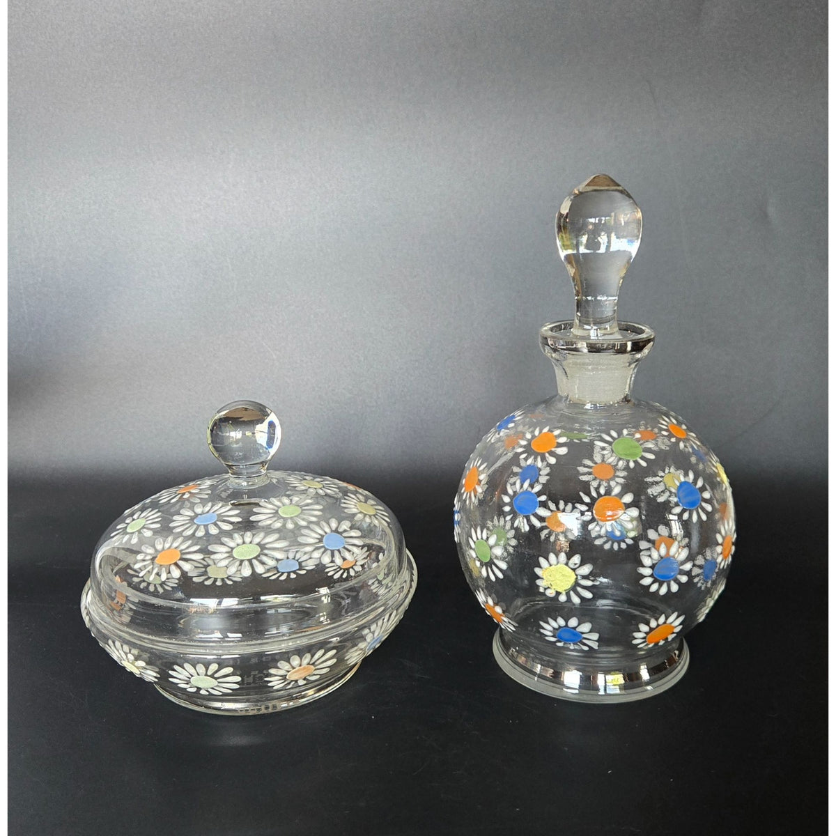 Czech Glass Dresser Set, Hand Painted Daisies Multicolor Perfume Bottle & Covered Dish 1930s