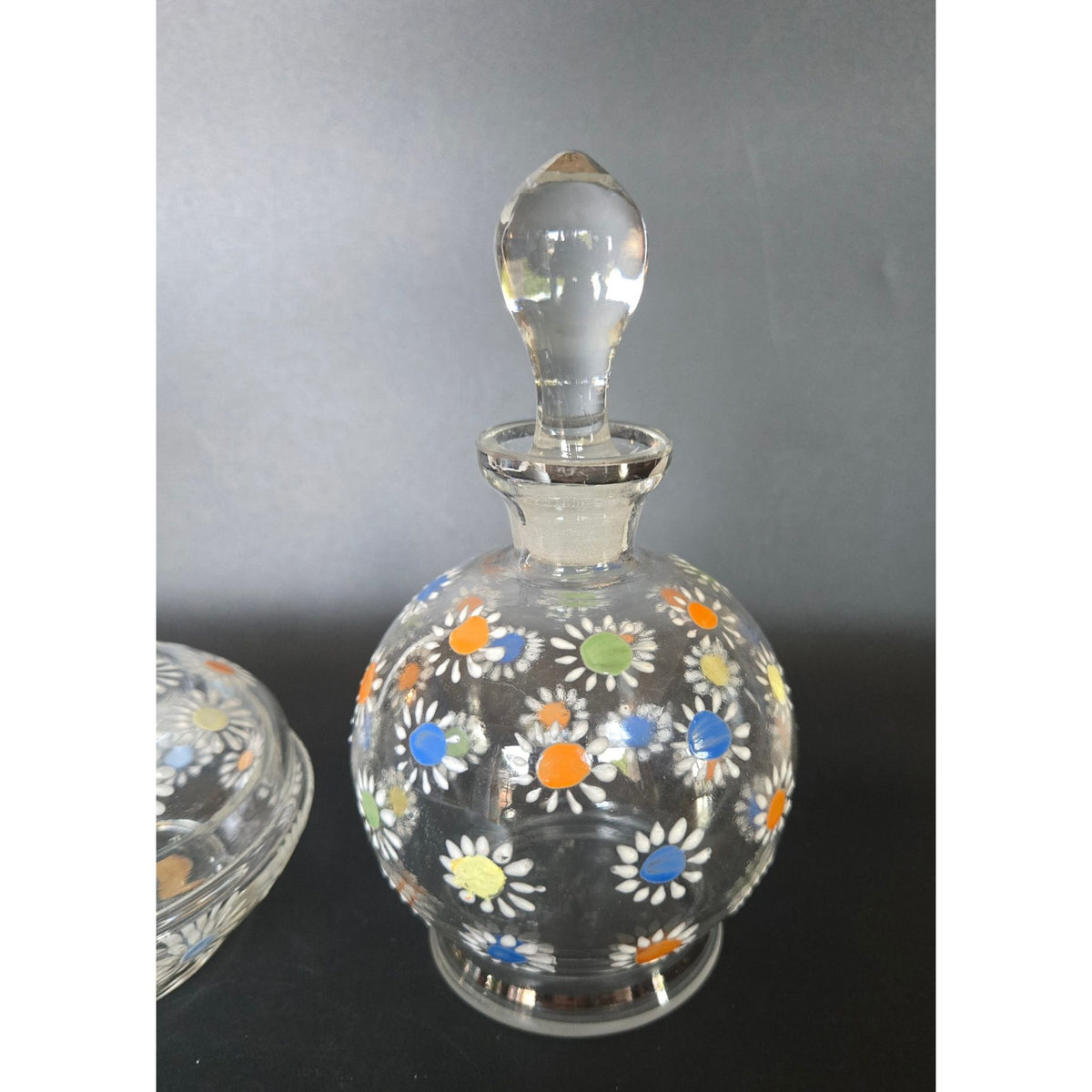 Czech Glass Dresser Set, Hand Painted Daisies Multicolor Perfume Bottle & Covered Dish 1930s