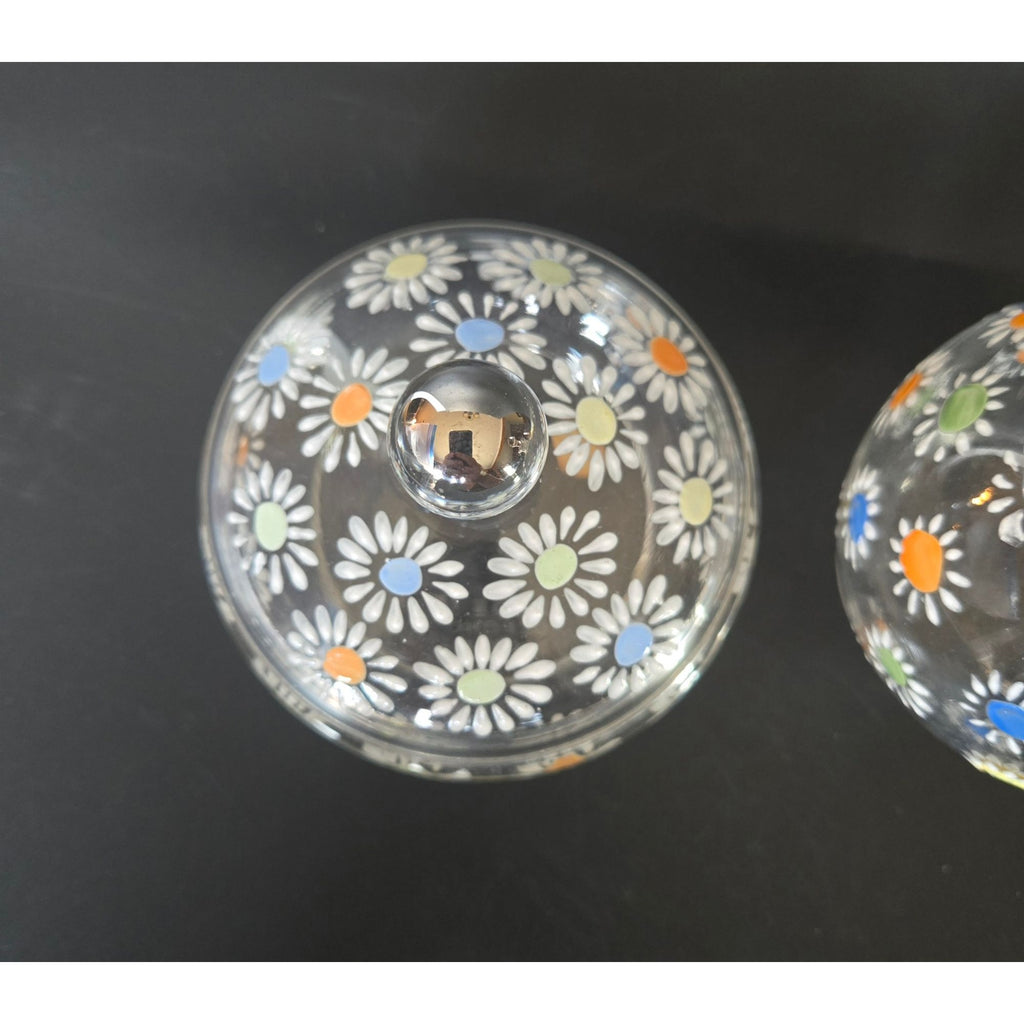 Czech Glass Dresser Set, Hand Painted Daisies Multicolor Perfume Bottle & Covered Dish 1930s