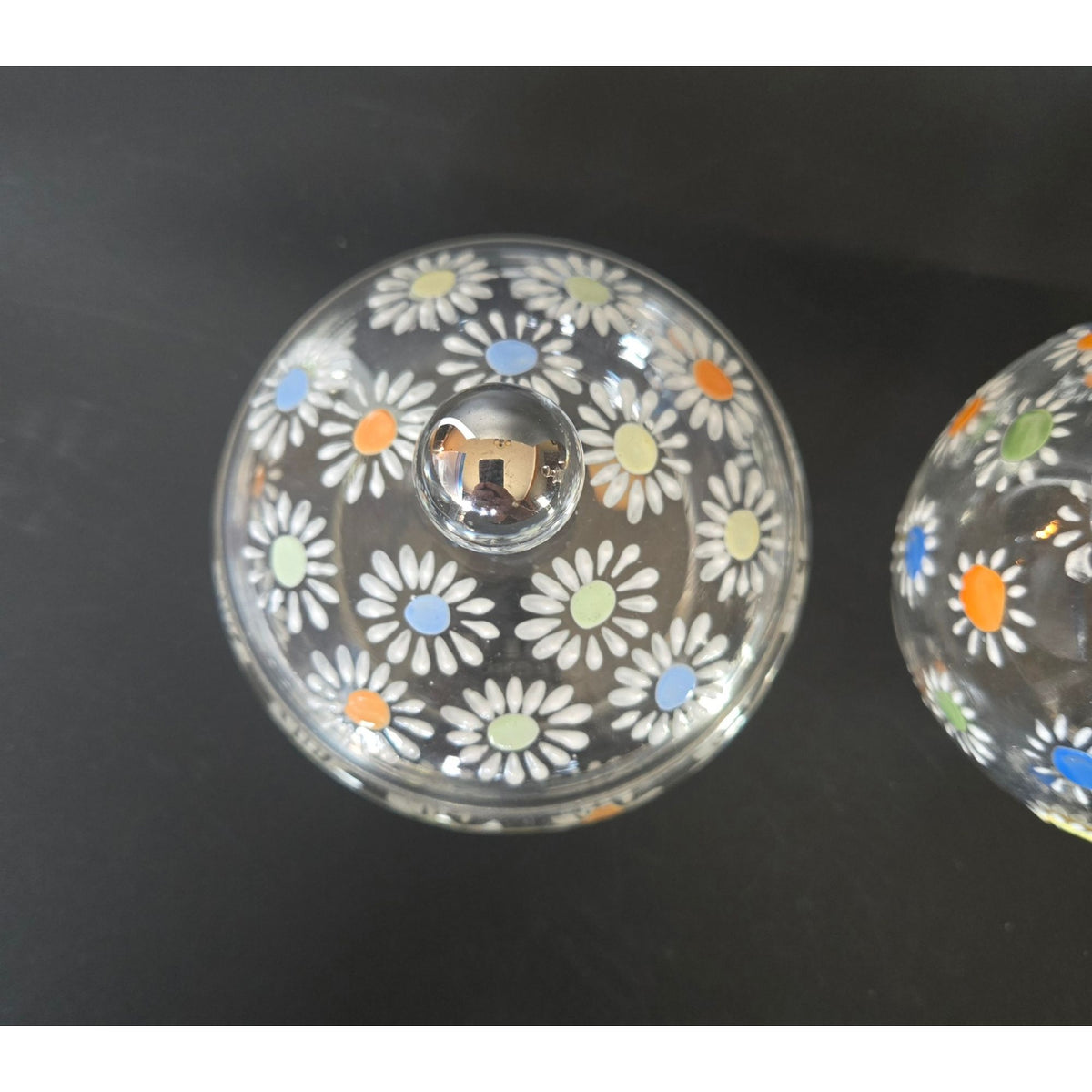 Czech Glass Dresser Set, Hand Painted Daisies Multicolor Perfume Bottle & Covered Dish 1930s