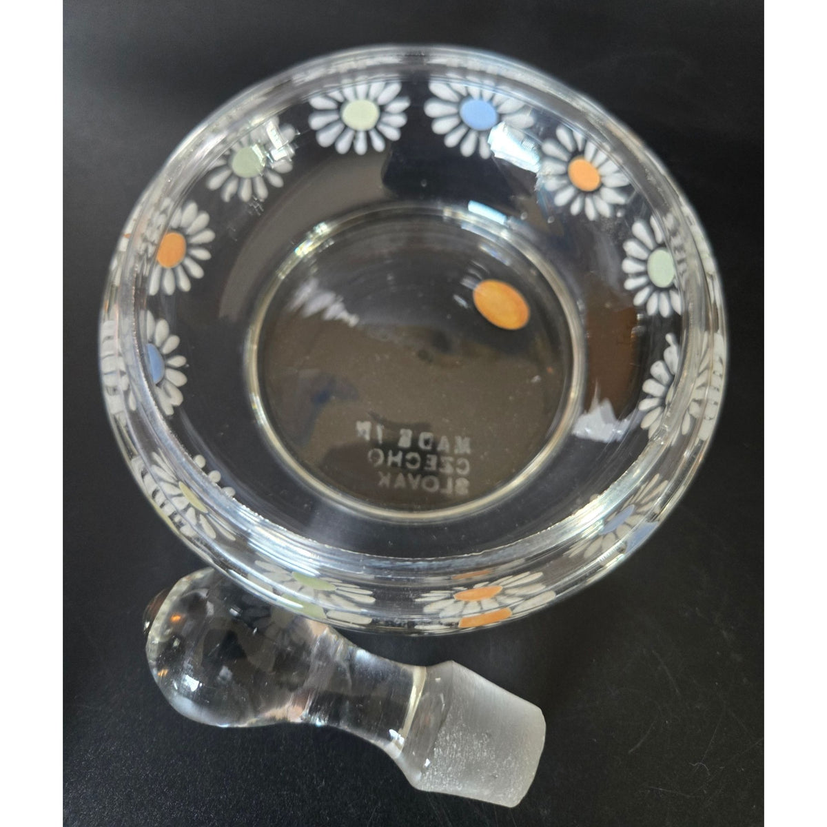 Czech Glass Dresser Set, Hand Painted Daisies Multicolor Perfume Bottle & Covered Dish 1930s