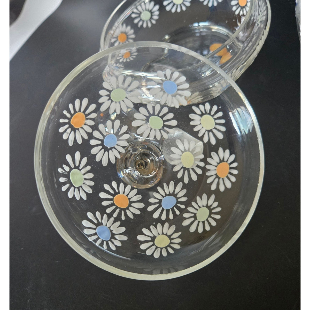 Czech Glass Dresser Set, Hand Painted Daisies Multicolor Perfume Bottle & Covered Dish 1930s
