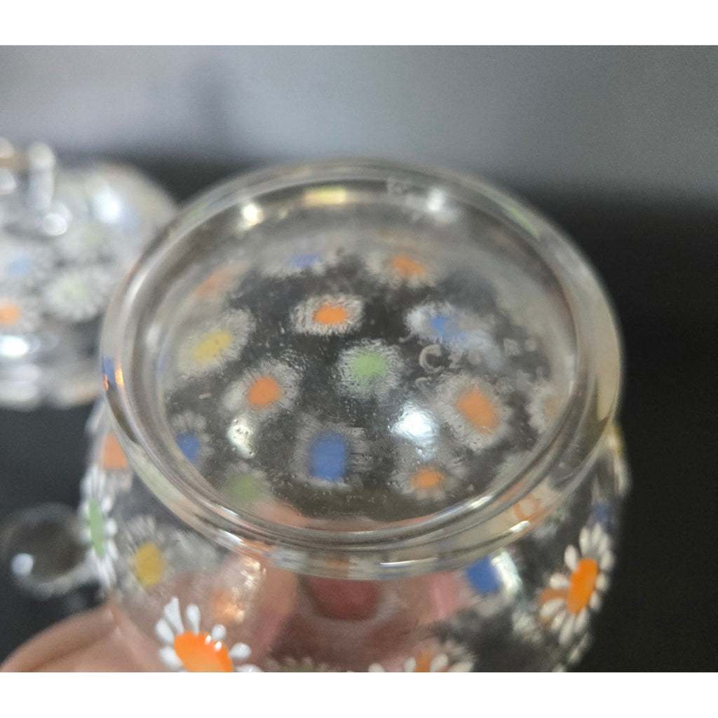 Czech Glass Dresser Set, Hand Painted Daisies Multicolor Perfume Bottle & Covered Dish 1930s