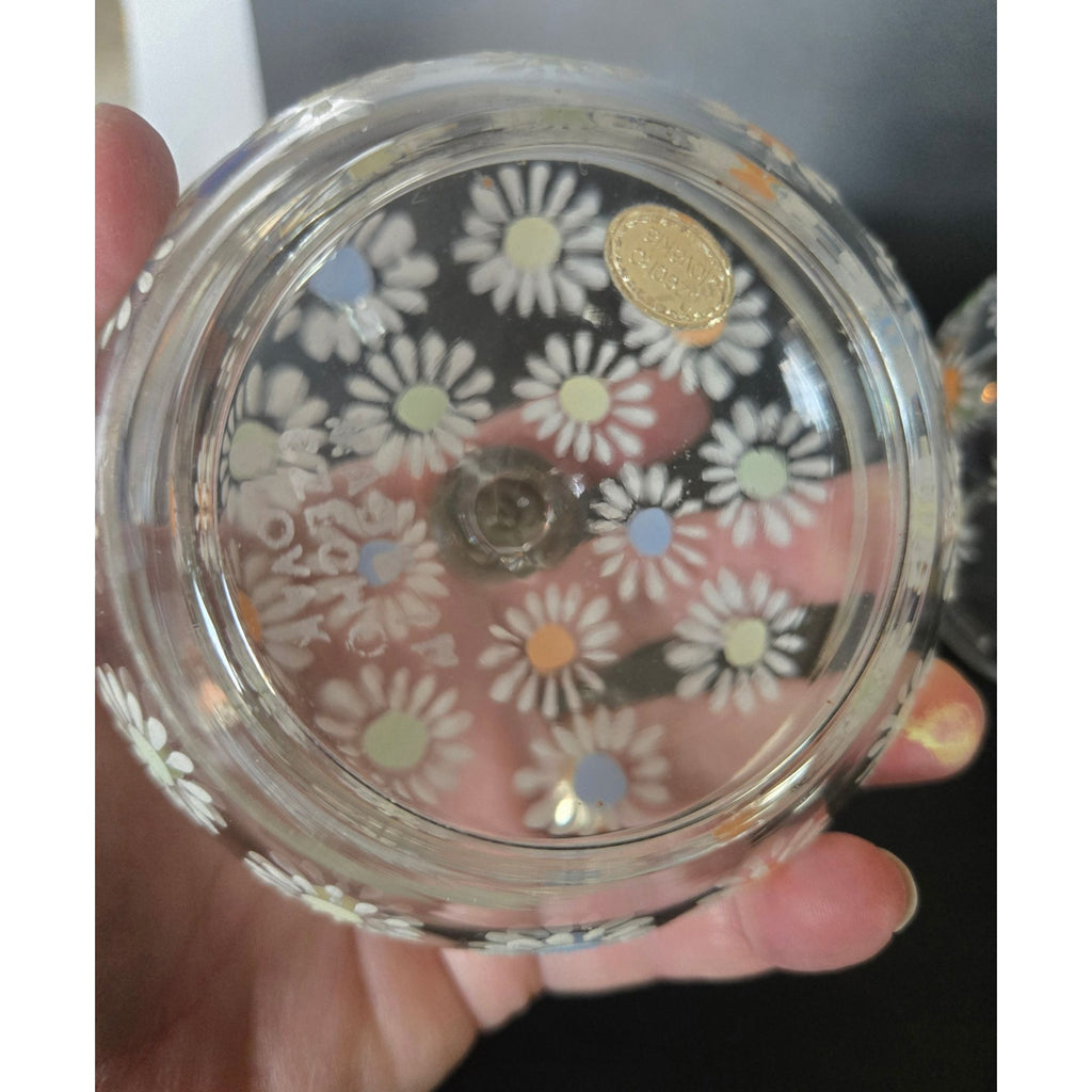 Czech Glass Dresser Set, Hand Painted Daisies Multicolor Perfume Bottle & Covered Dish 1930s