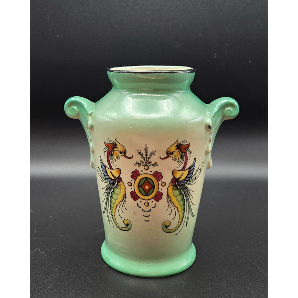 Hand-Painted Czech Vase Mythical Phoenix /Seahorse Amphora Style Vase, Bohemian