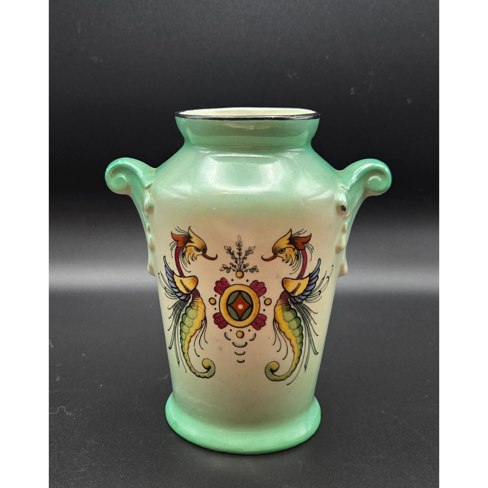 Hand-Painted Czech Vase Mythical Phoenix /Seahorse Amphora Style Vase, Bohemian