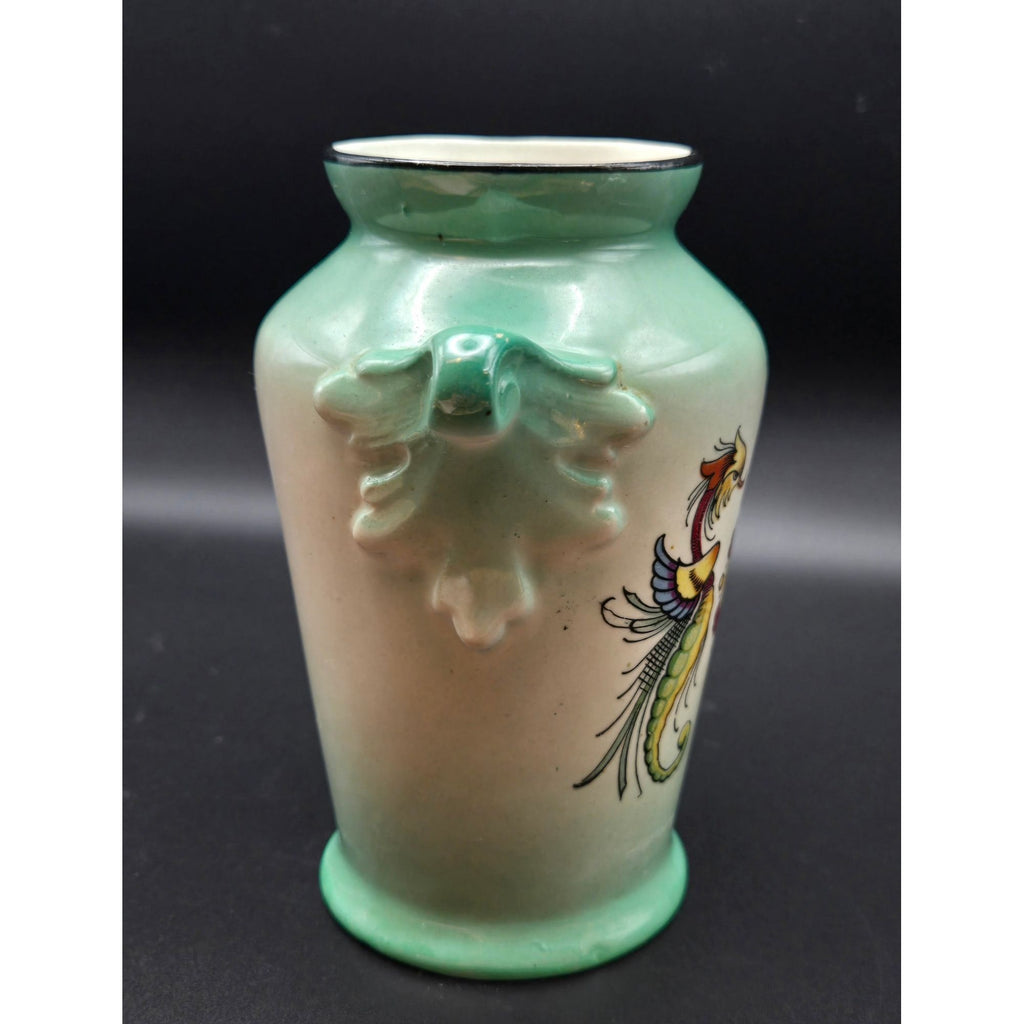 Hand-Painted Czech Vase Mythical Phoenix /Seahorse Amphora Style Vase, Bohemian