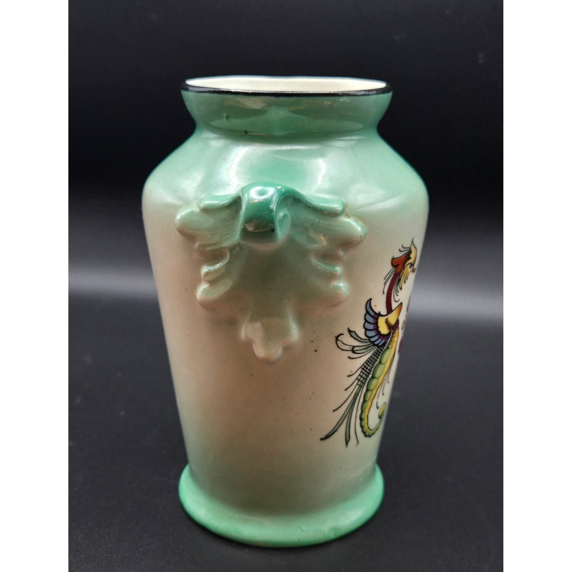 Hand-Painted Czech Vase Mythical Phoenix /Seahorse Amphora Style Vase, Bohemian