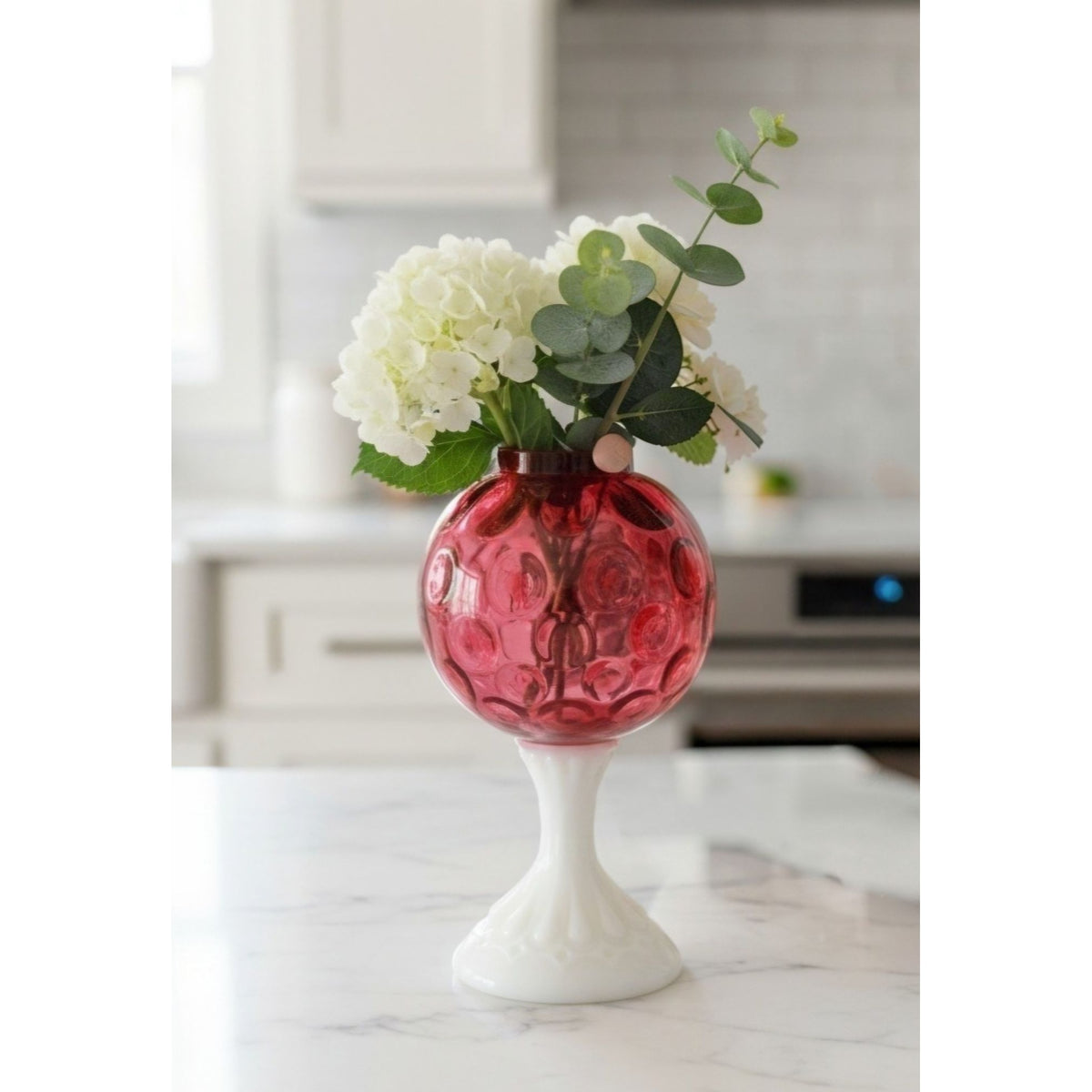 Vintage Fenton Cranberry Coin Dot Ivy Ball Glass Globe With Milk Glass Pedestal Base.