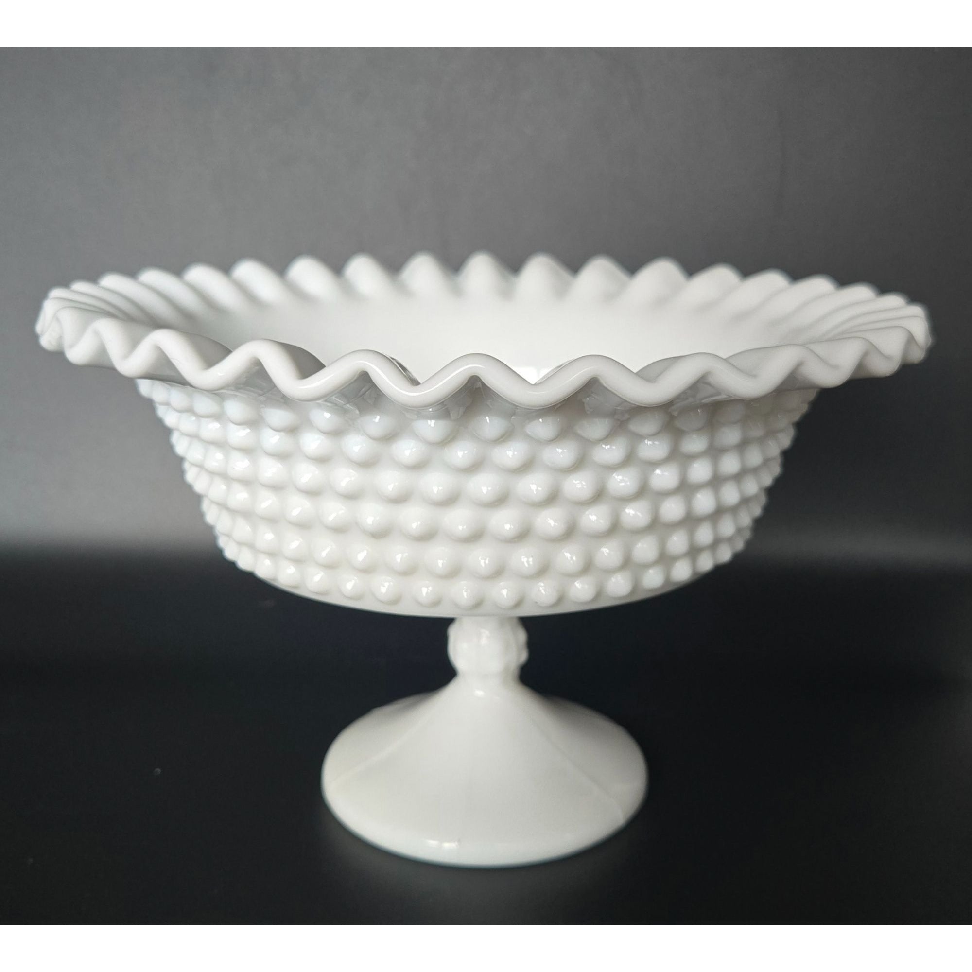 VTG Fenton White Milk Glass Hobnail Compote w/ Pie Crust Edge French Country Cottage Core