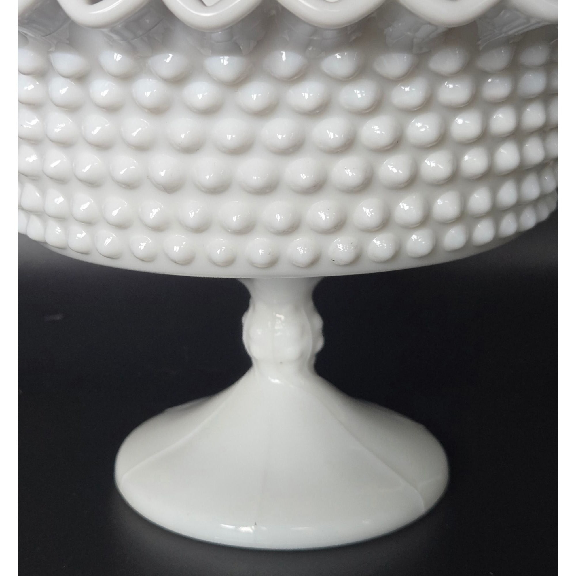 VTG Fenton White Milk Glass Hobnail Compote w/ Pie Crust Edge French Country Cottage Core