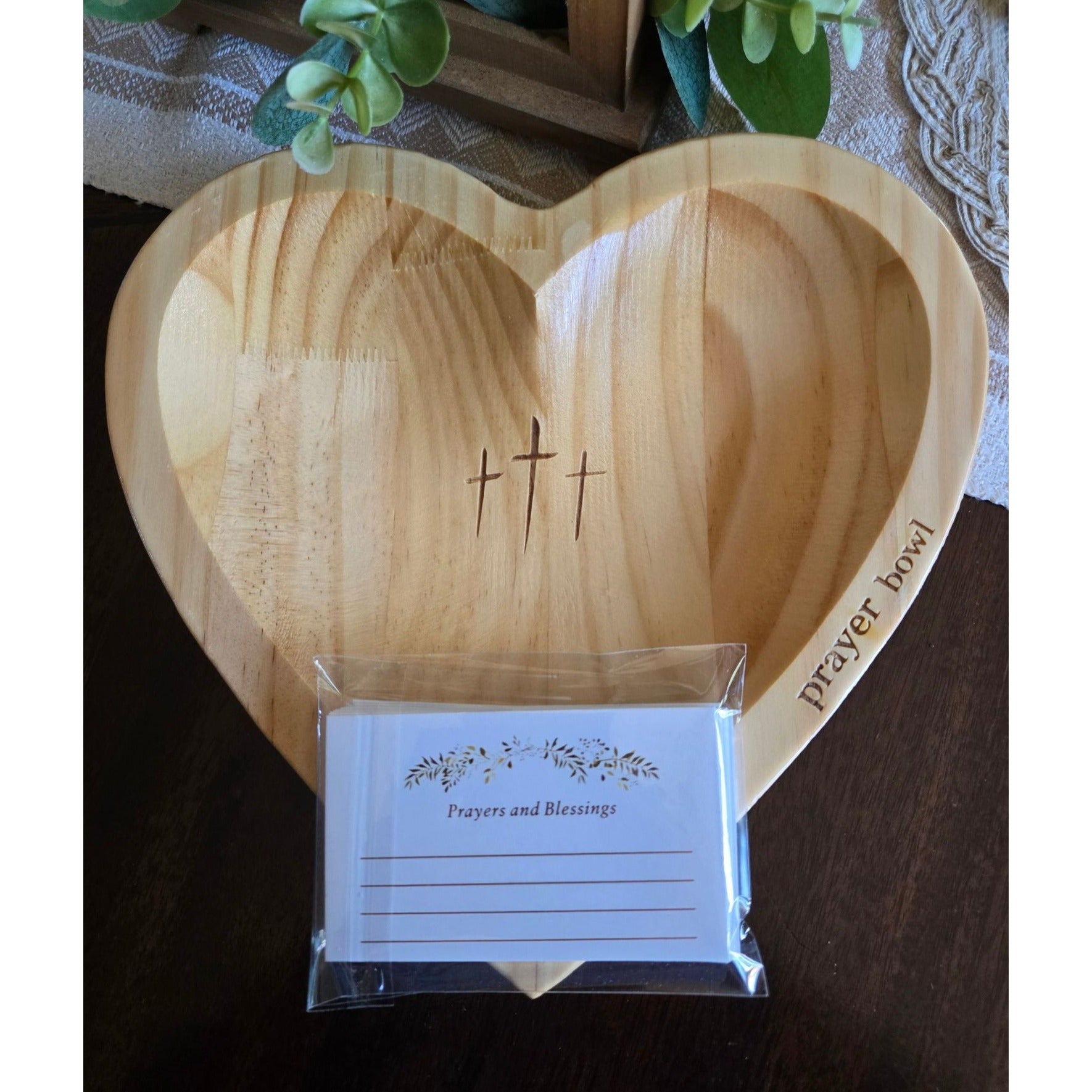 Heart-Shaped Wooden Prayer Bowl With Engraved Crosses & Blessings Cards Set