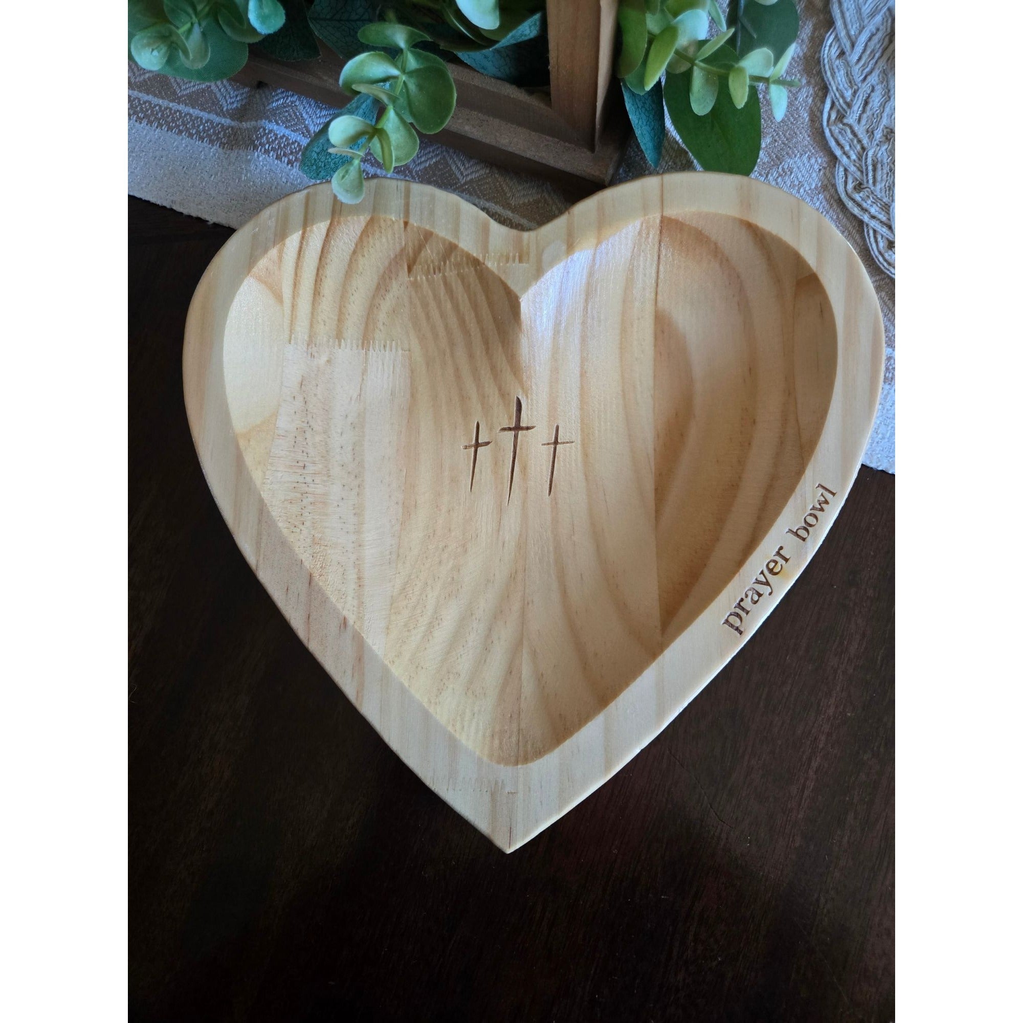 Heart-Shaped Wooden Prayer Bowl With Engraved Crosses & Blessings Cards Set