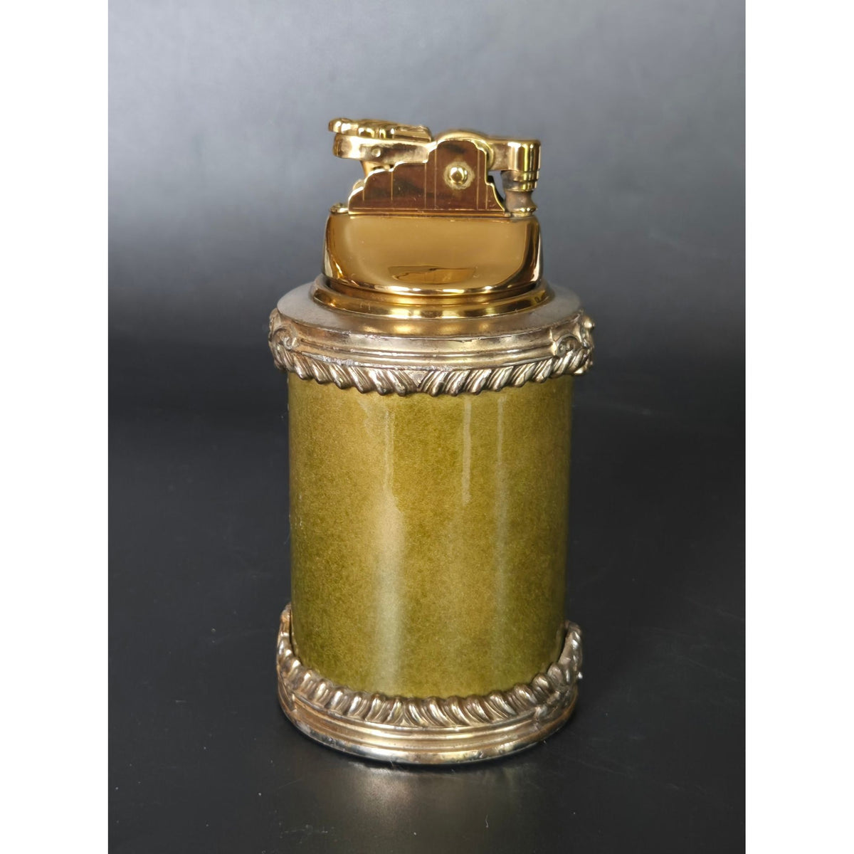 Royal Bovano Gold & Green Table Lighter With Ornate Metal Detailing - Made In USA