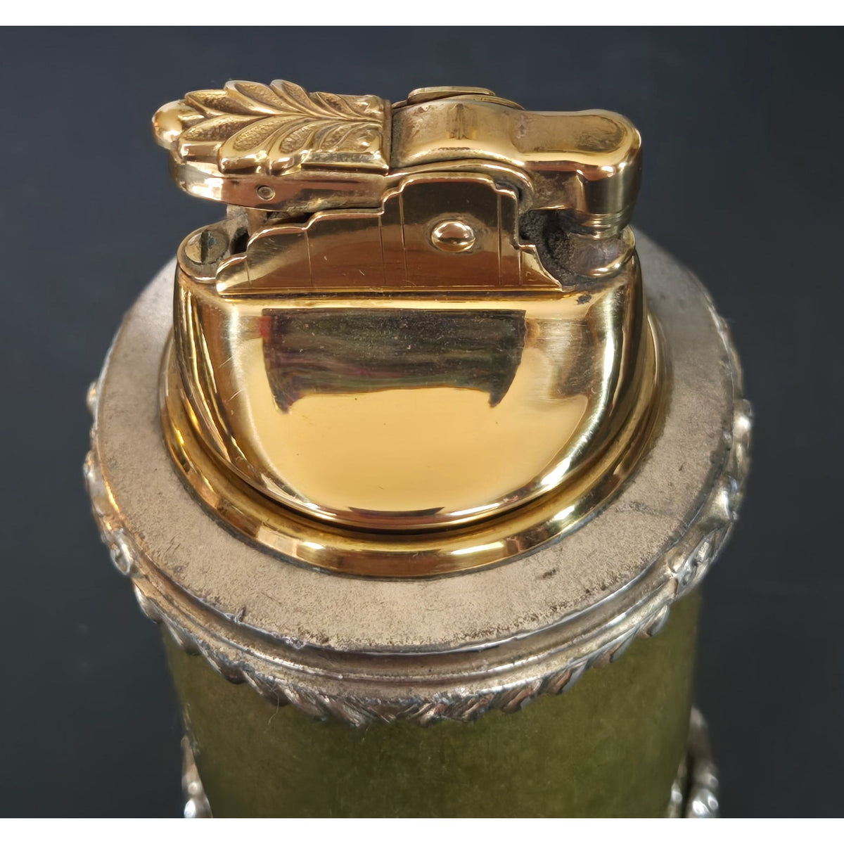 Royal Bovano Gold & Green Table Lighter With Ornate Metal Detailing - Made In USA