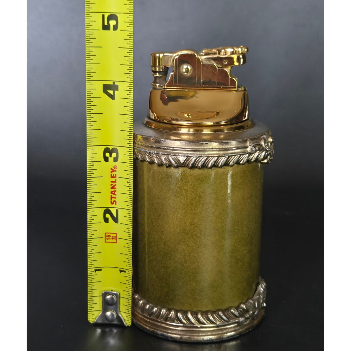 Royal Bovano Gold & Green Table Lighter With Ornate Metal Detailing - Made In USA