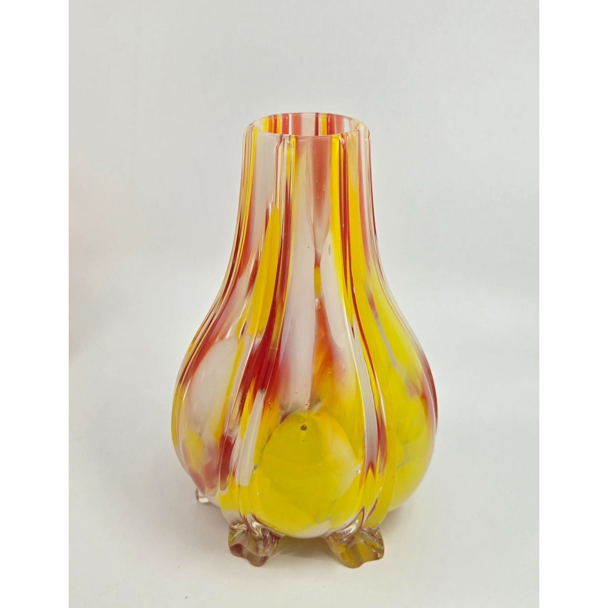 Handblown Welz Czech Glass Vase Yellow & Red Striated Design 6 In.