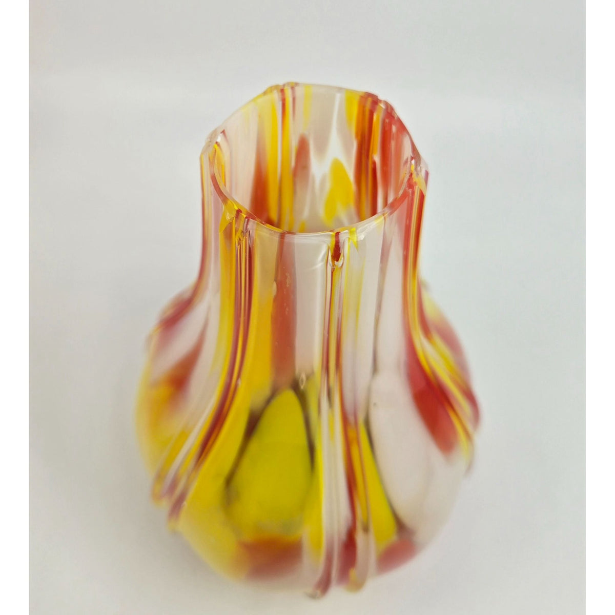 Handblown Welz Czech Glass Vase Yellow & Red Striated Design 6 In.