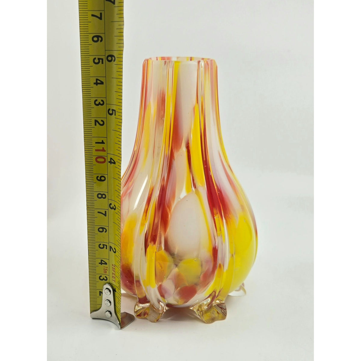 Handblown Welz Czech Glass Vase Yellow & Red Striated Design 6 In.