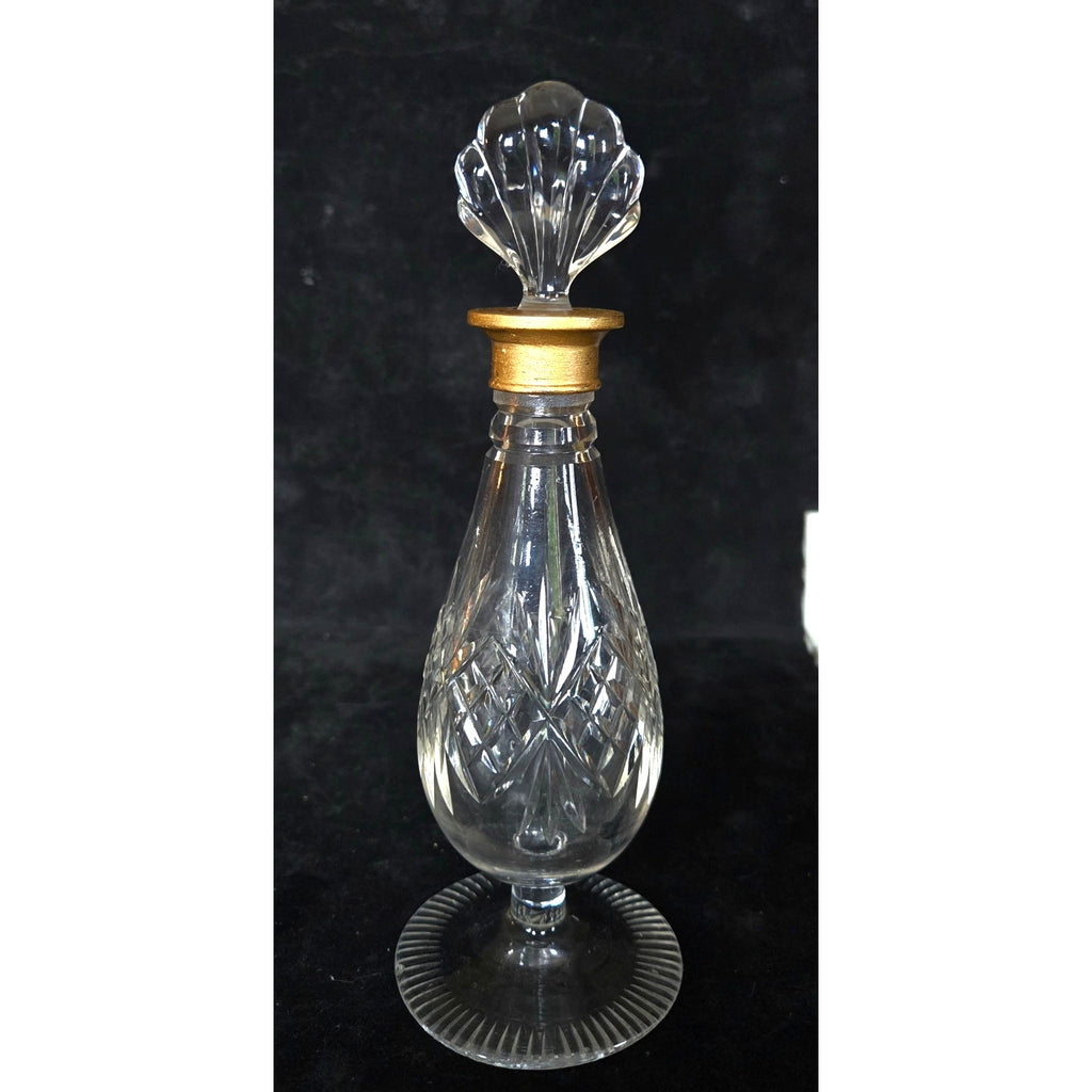 Vintage Crystal Perfume Bottle With Gold Accents & Shell Stopper 7" Tall
