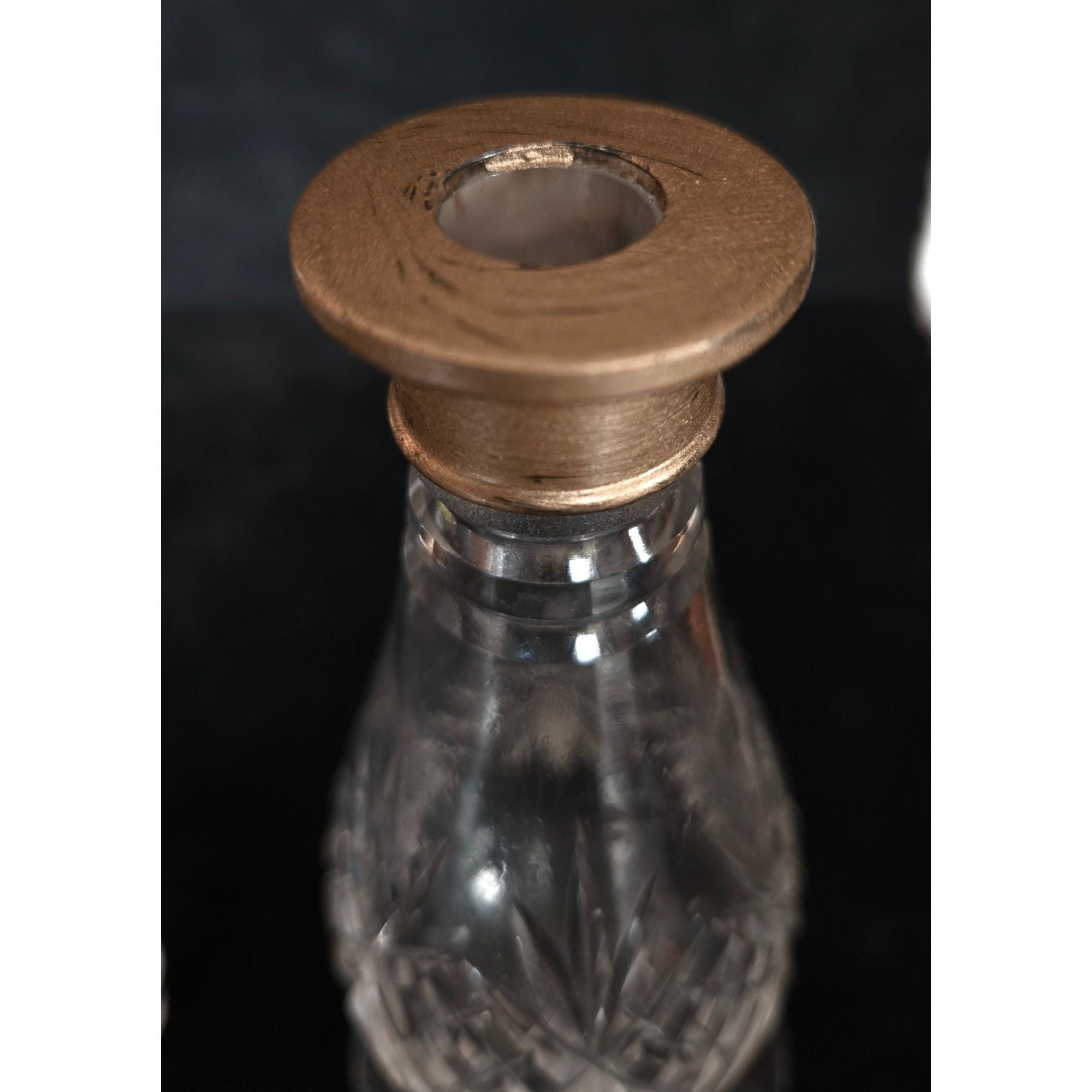 Vintage Crystal Perfume Bottle With Gold Accents & Shell Stopper 7" Tall
