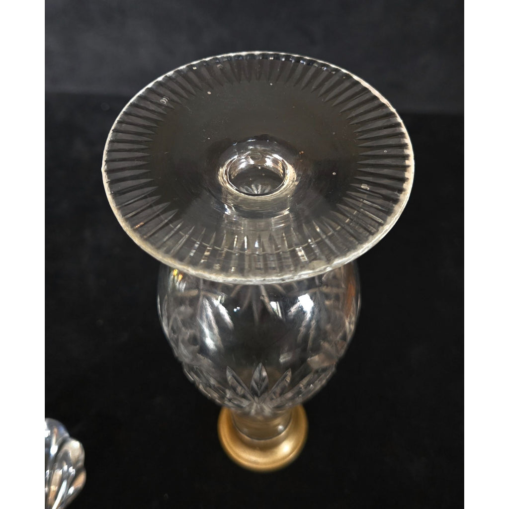 Vintage Crystal Perfume Bottle With Gold Accents & Shell Stopper 7" Tall