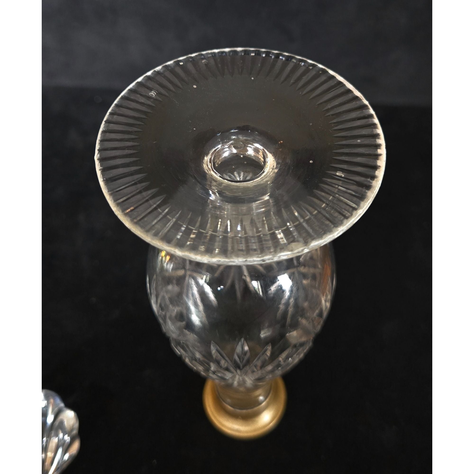 Vintage Crystal Perfume Bottle With Gold Accents & Shell Stopper 7" Tall
