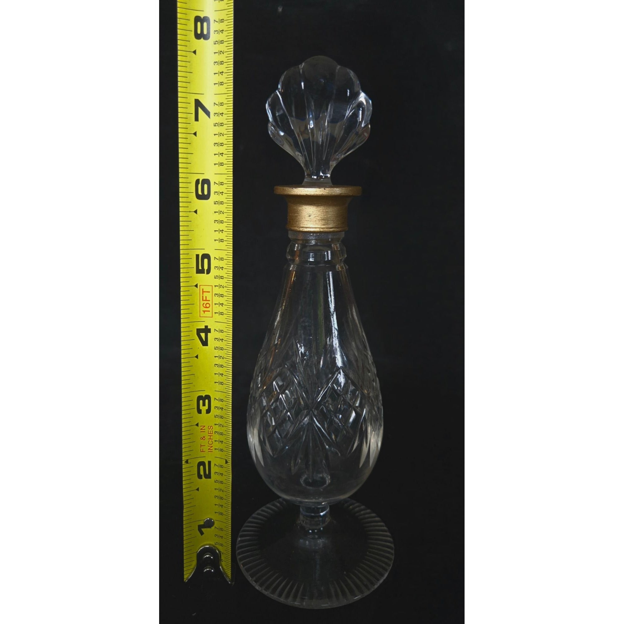 Vintage Crystal Perfume Bottle With Gold Accents & Shell Stopper 7" Tall