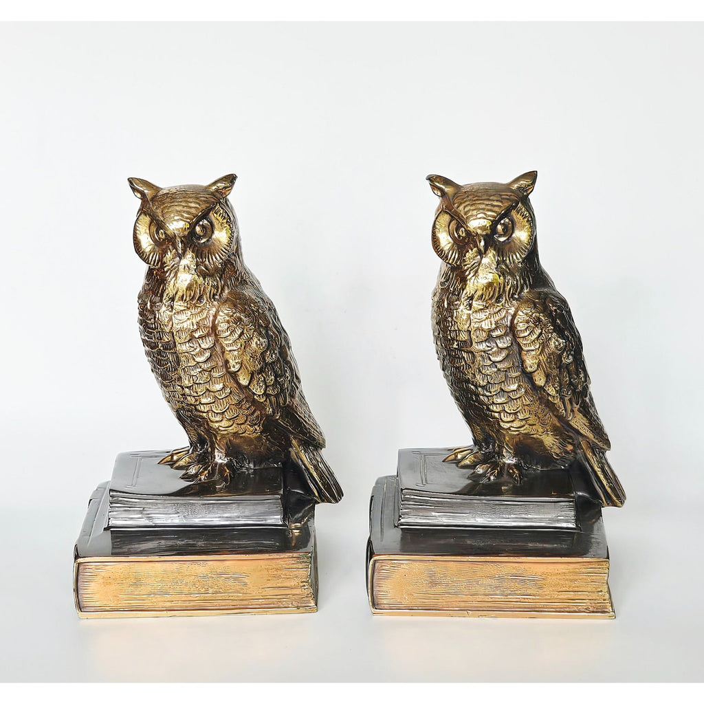 Vintage Cast Brass Owl Bookends, Owl on Books, Heavy Mid Century