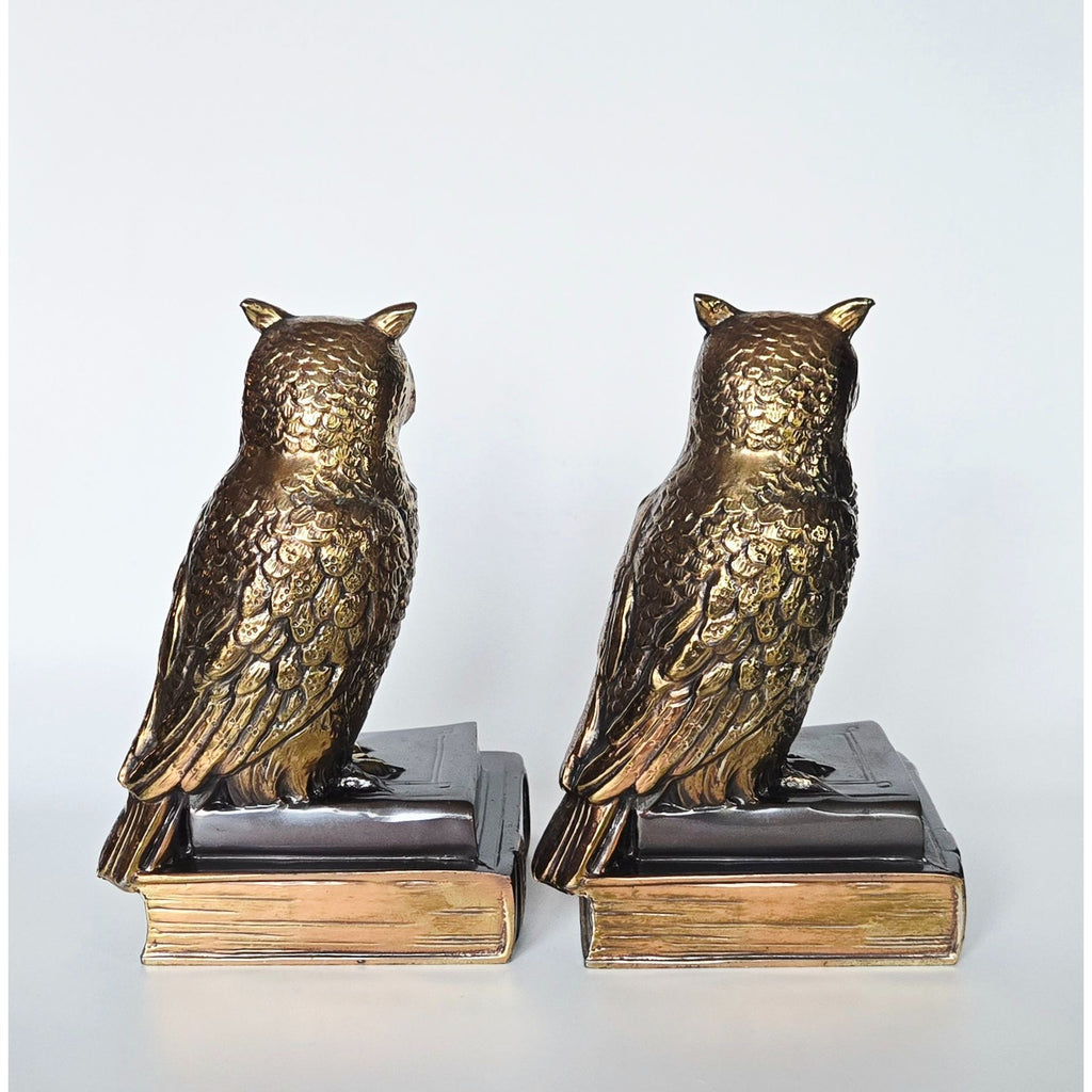 Vintage Cast Brass Owl Bookends, Owl on Books, Heavy Mid Century