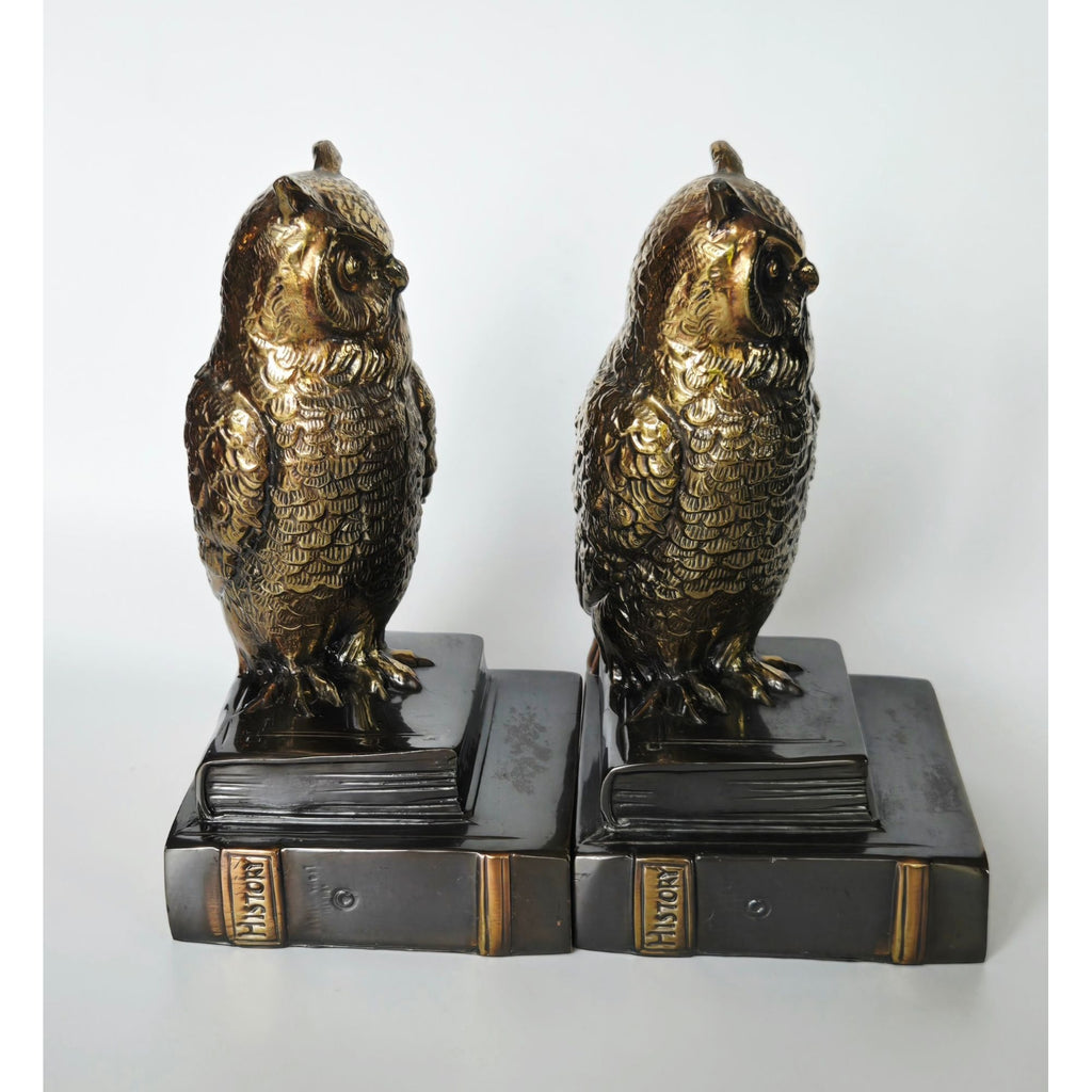 Vintage Cast Brass Owl Bookends, Owl on Books, Heavy Mid Century