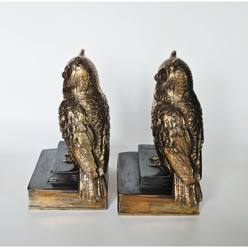 Vintage Cast Brass Owl Bookends, Owl on Books, Heavy Mid Century