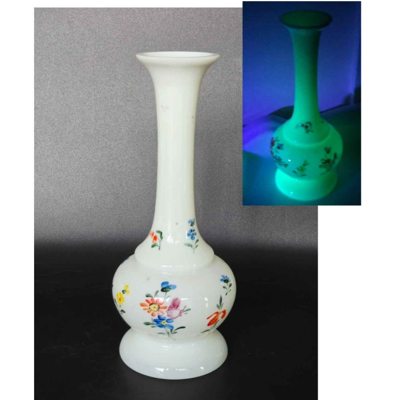 Hand-Painted Uranium Glass Vase  With Floral Design Glows Under UV Light
