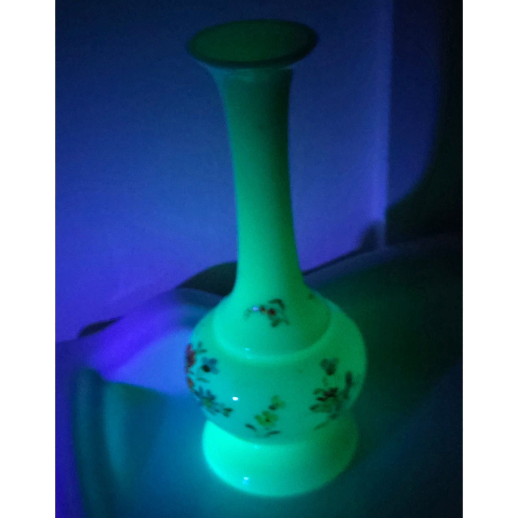 Hand-Painted Uranium Glass Vase  With Floral Design Glows Under UV Light