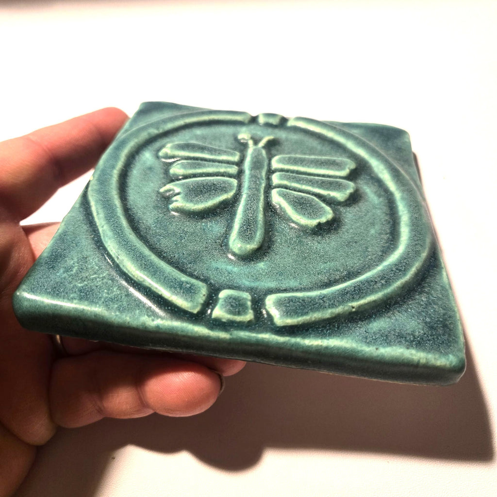Whistling Frog Tile Co. Green Ceramic Dragonfly Wall Plaque / Trivet 4"x 4"