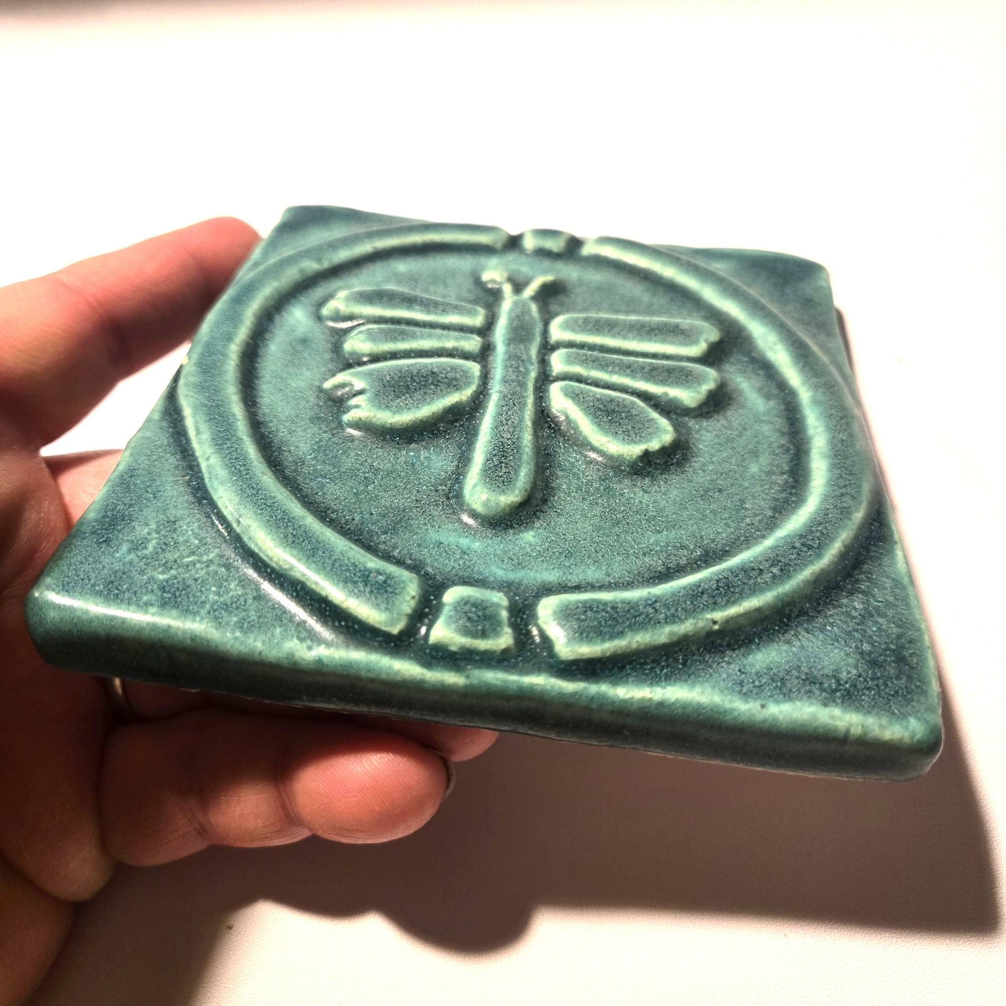 Whistling Frog Tile Co. Green Ceramic Dragonfly Wall Plaque / Trivet 4"x 4"