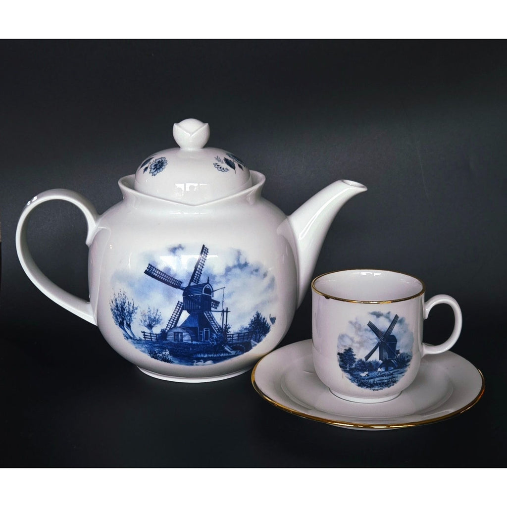 Delft Blue & White Windmill Porcelain Teapot Cup And Saucer Set With Gold Accents Dutch-Inspired