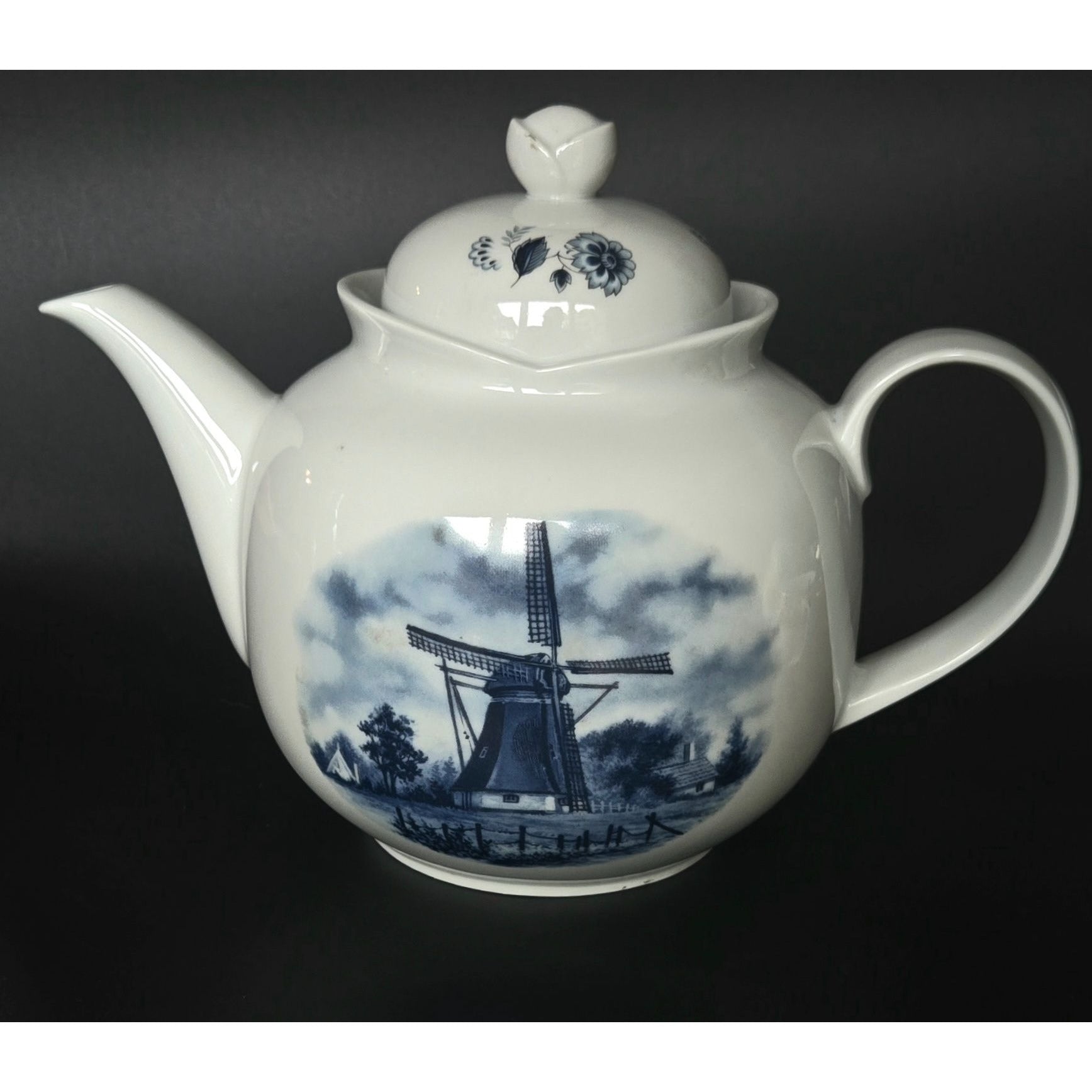 Delft Blue & White Windmill Porcelain Teapot Cup And Saucer Set With Gold Accents Dutch-Inspired