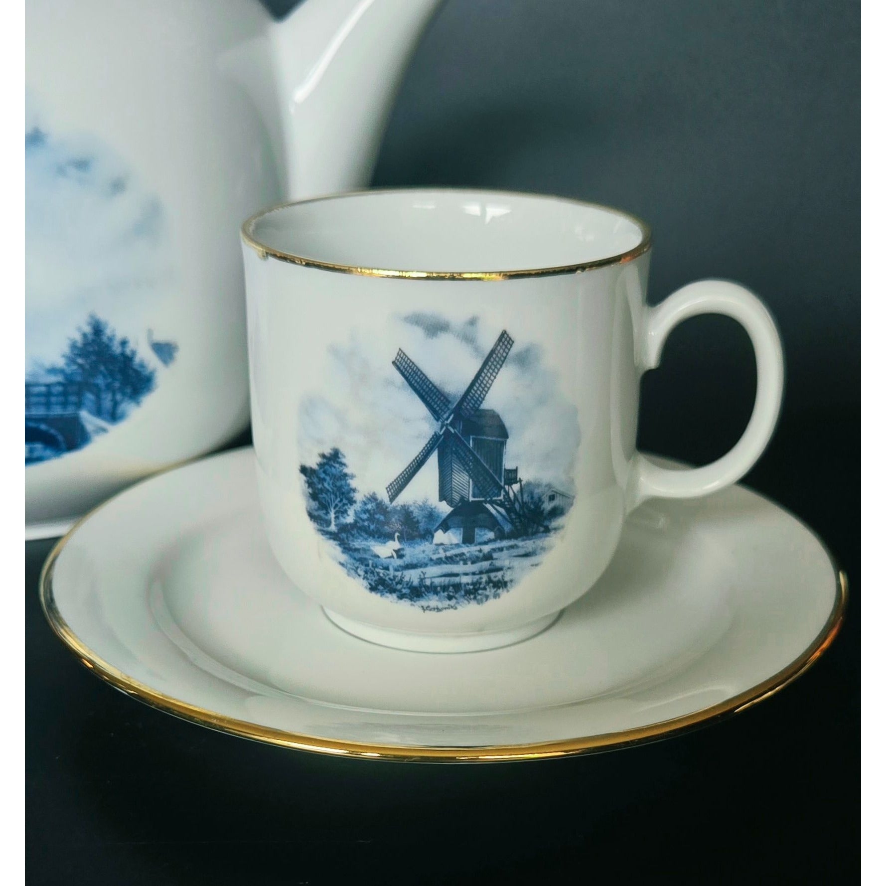 Delft Blue & White Windmill Porcelain Teapot Cup And Saucer Set With Gold Accents Dutch-Inspired