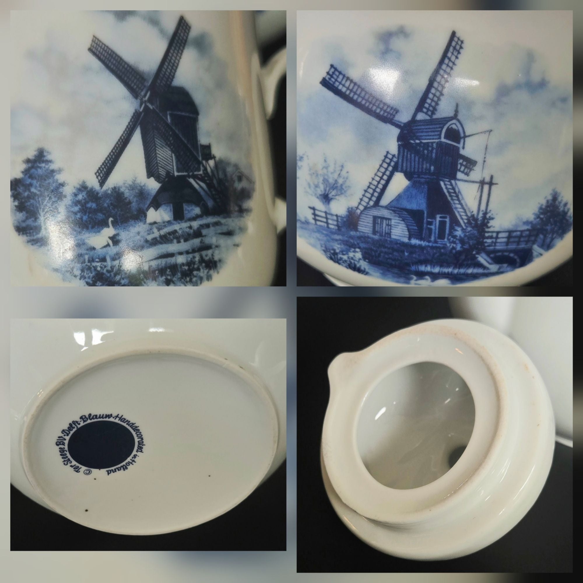 Delft Blue & White Windmill Porcelain Teapot Cup And Saucer Set With Gold Accents Dutch-Inspired