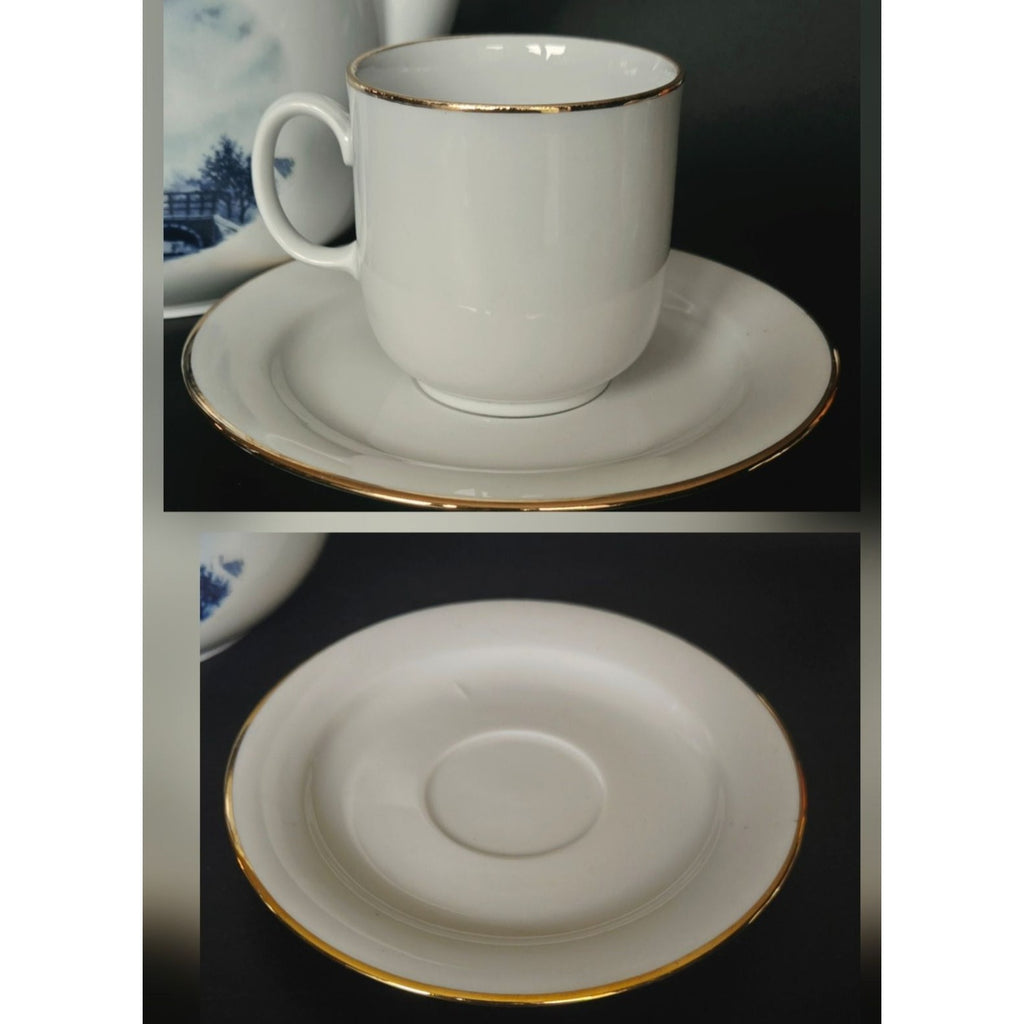Delft Blue & White Windmill Porcelain Teapot Cup And Saucer Set With Gold Accents Dutch-Inspired
