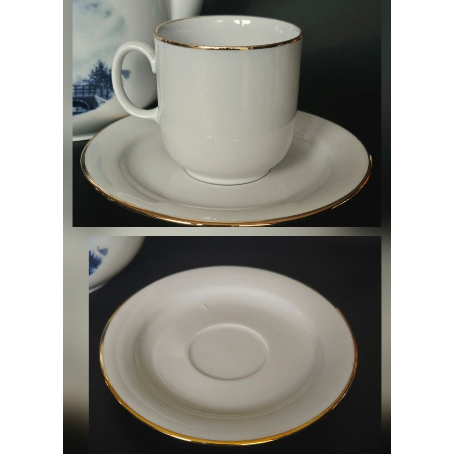 Delft Blue & White Windmill Porcelain Teapot Cup And Saucer Set With Gold Accents Dutch-Inspired
