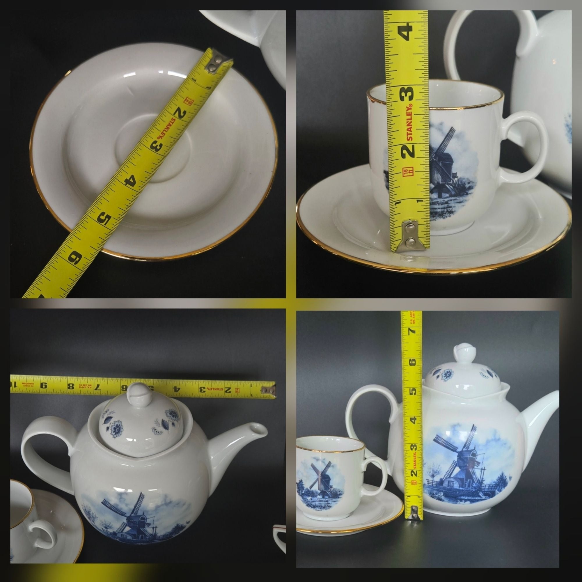 Delft Blue & White Windmill Porcelain Teapot Cup And Saucer Set With Gold Accents Dutch-Inspired