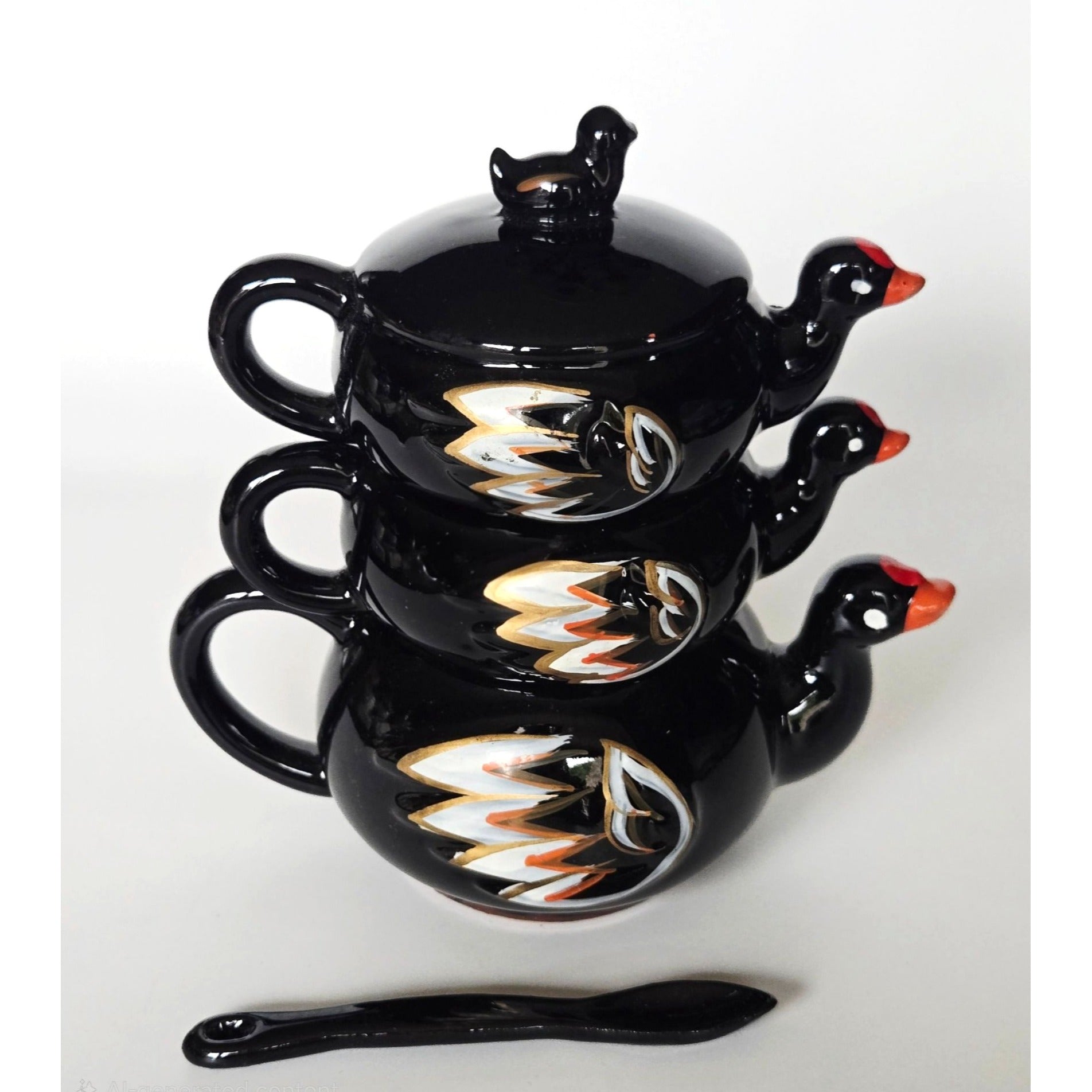 Vintage Stackable Black Ceramic Condiment Jar Set Hand-Painted, Japan