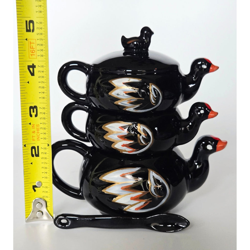 Vintage Stackable Black Ceramic Condiment Jar Set Hand-Painted, Japan