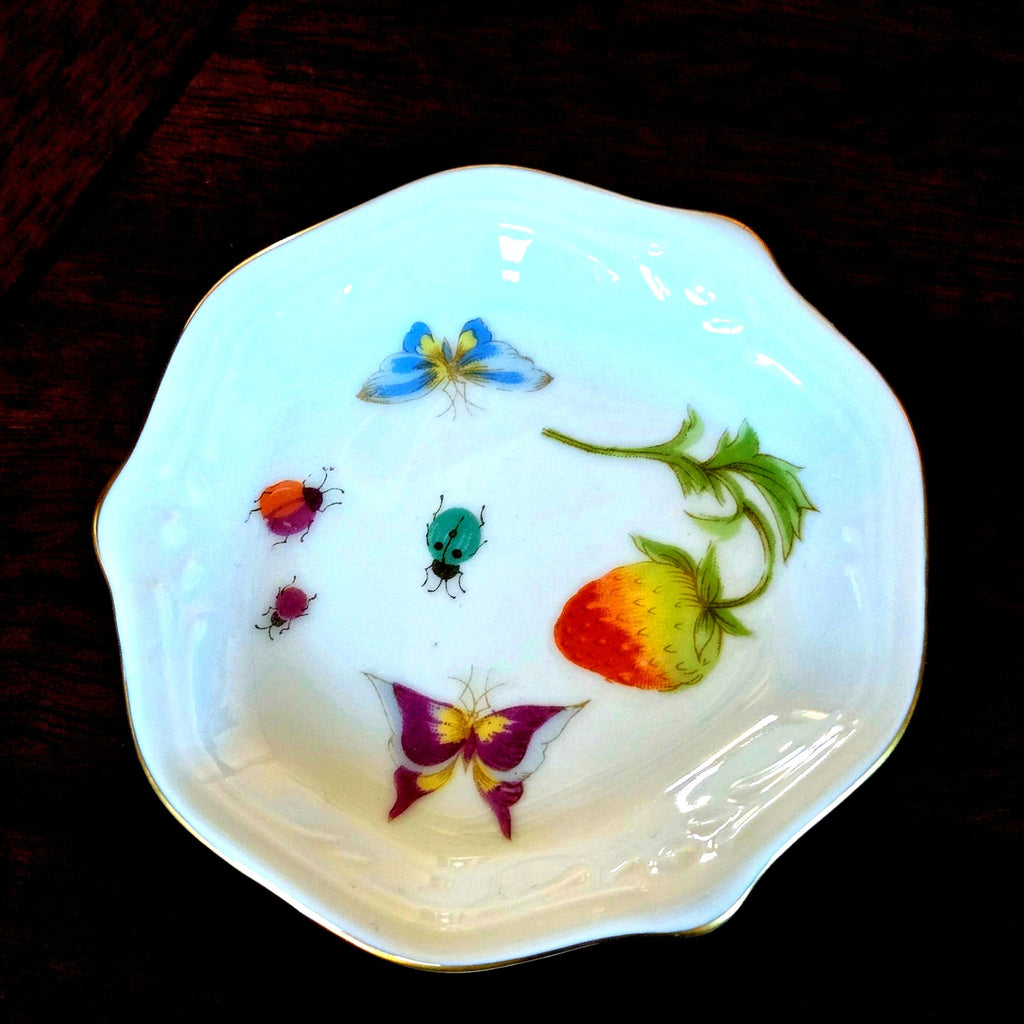 Ardalt Porcelain Trinket Dish butter pat or tea bag tray Butterfly & Strawberry, bugs Collectible