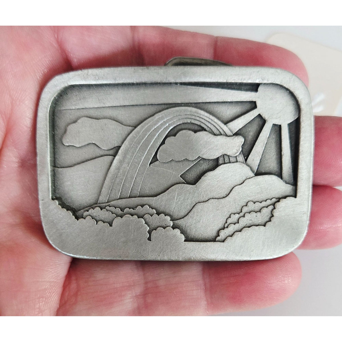 Vintage 1977 Indiana Metal Craft Pewter Rainbow Belt Buckle