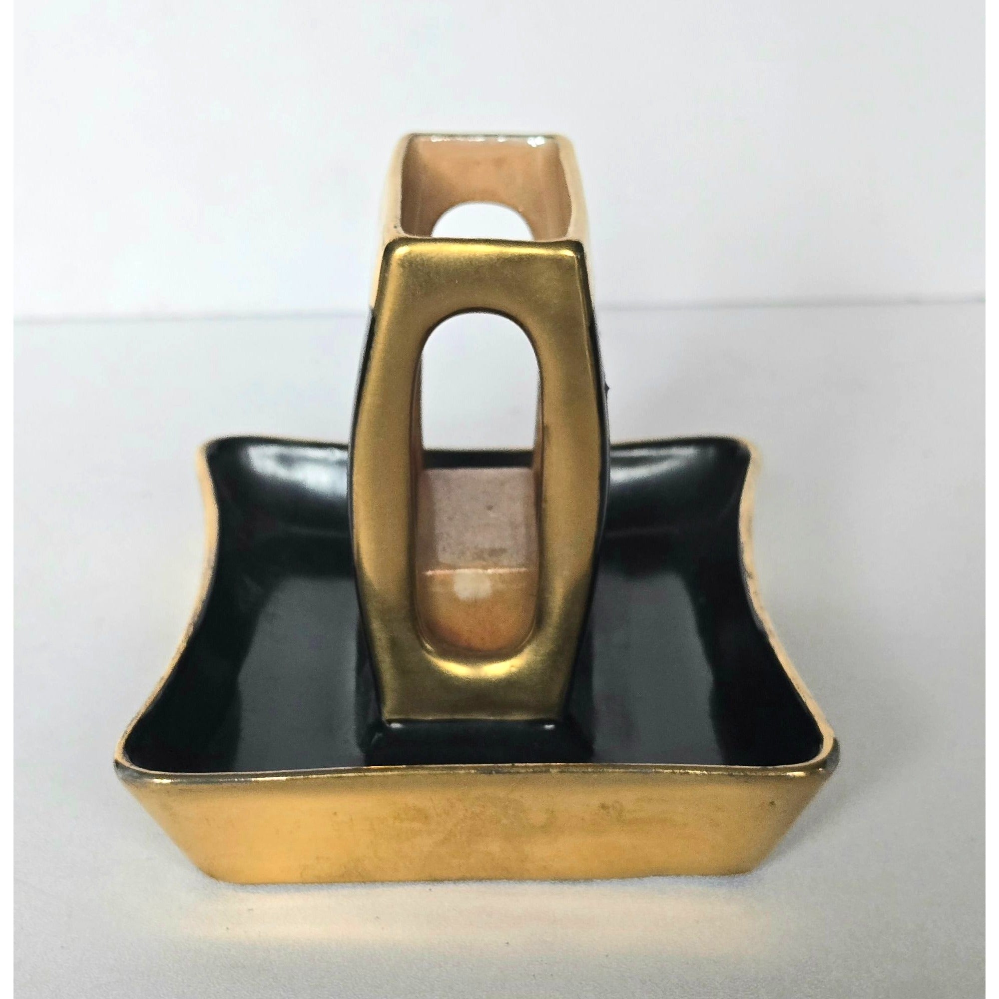 Vintage Rare 1950s Czech Art Deco Astray Black and Gold porcelain with matchbox holder 4" x 3"