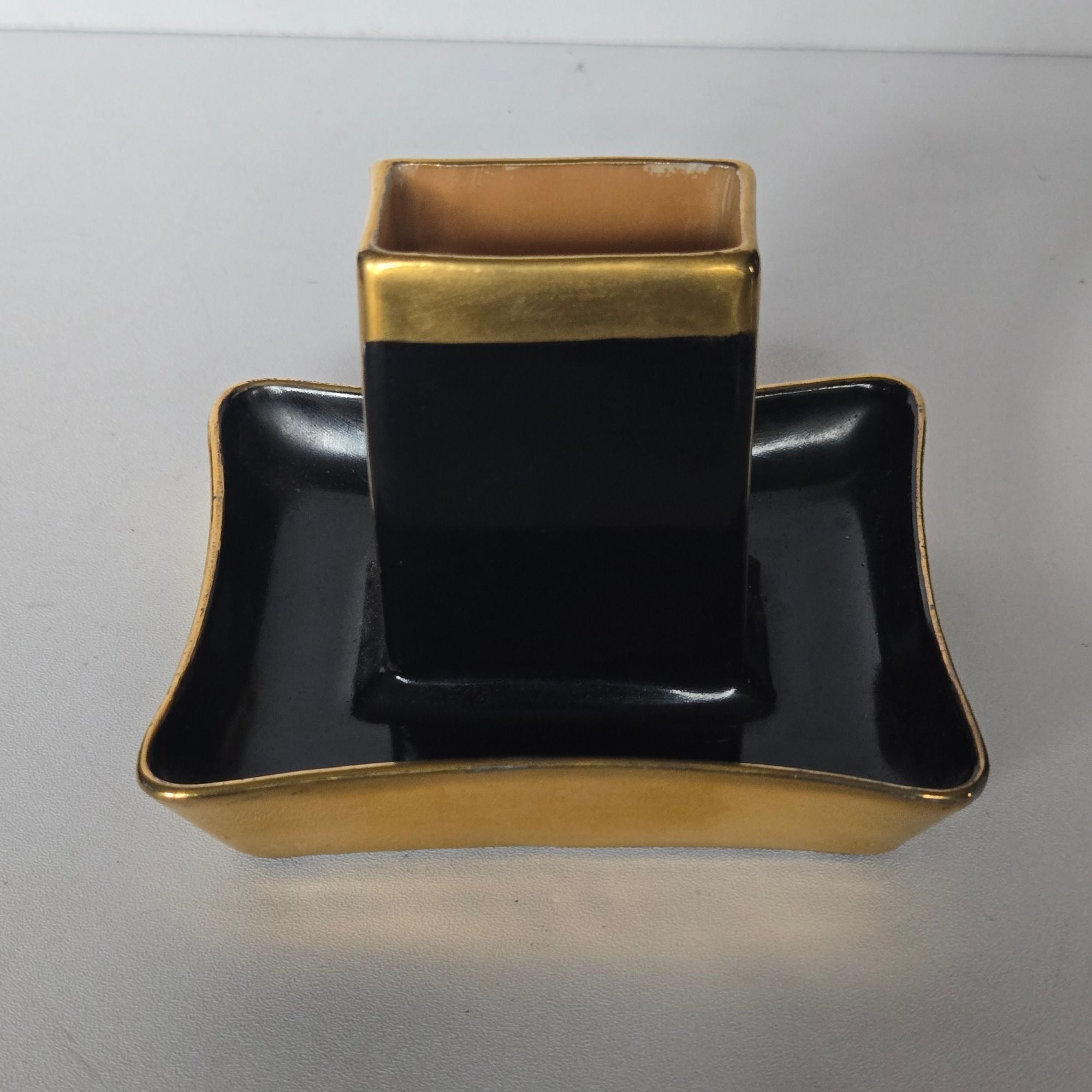 Vintage Rare 1950s Czech Art Deco Astray Black and Gold porcelain with matchbox holder 4" x 3"